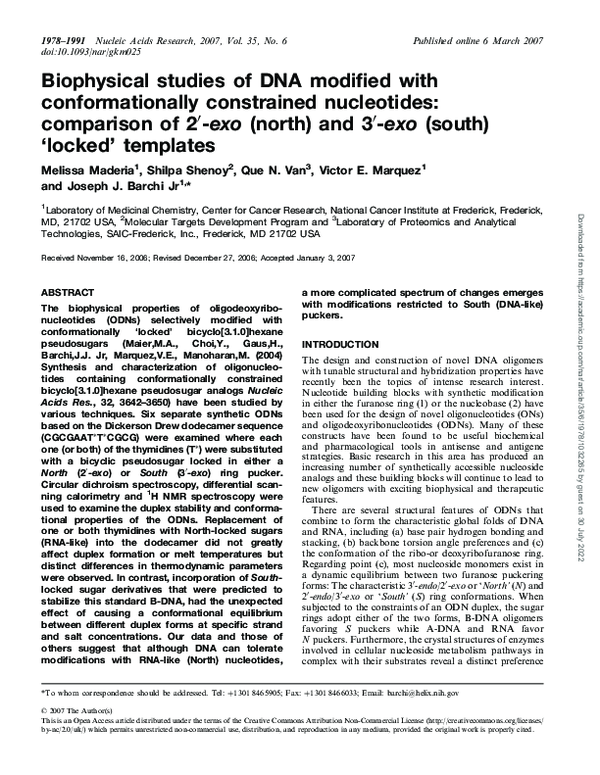 (PDF) Biophysical studies of DNA modified with conformationally ...
