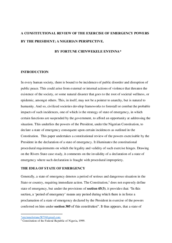(PDF) A CONSTITUTIONAL REVIEW OF THE EXERCISE OF EMERGENCY POWERS