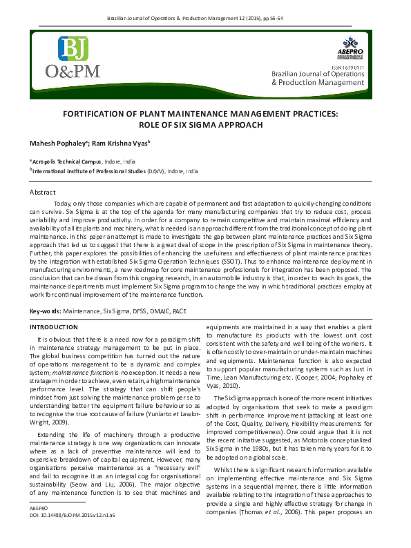 (PDF) Fortification of Plant Maintenance Management Practices: Role of ...