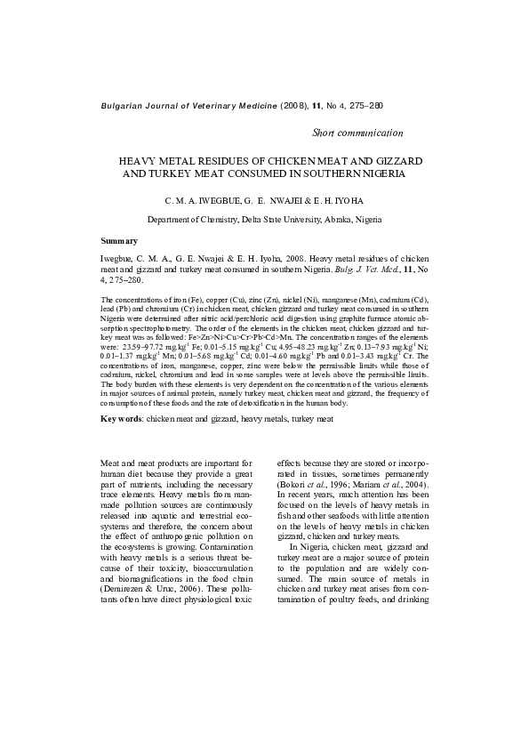 (PDF) Heavy metal residues of chicken meat and gizzard and turkey meat ...
