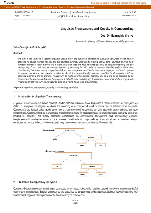 (PDF) Linguistic Transparency and Opacity in Compounding