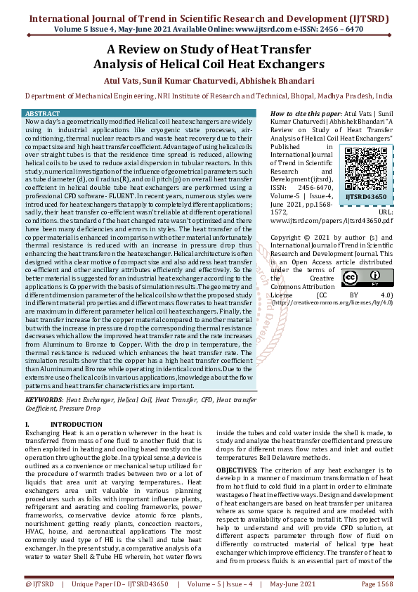 (PDF) A Review on Study of Heat Transfer Analysis of Helical Coil Heat ...