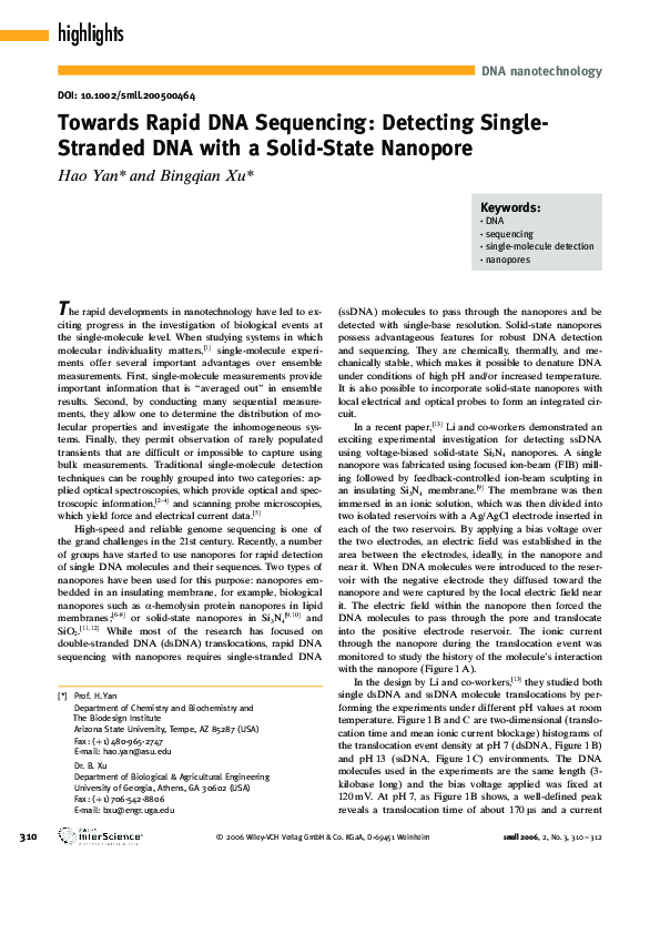 Pdf Towards Rapid Dna Sequencing Detecting Single Stranded Dna With