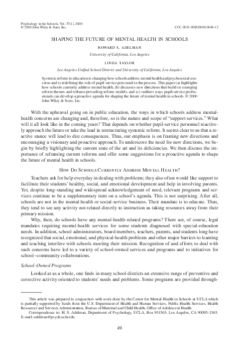 (PDF) Shaping the future of mental health in schools