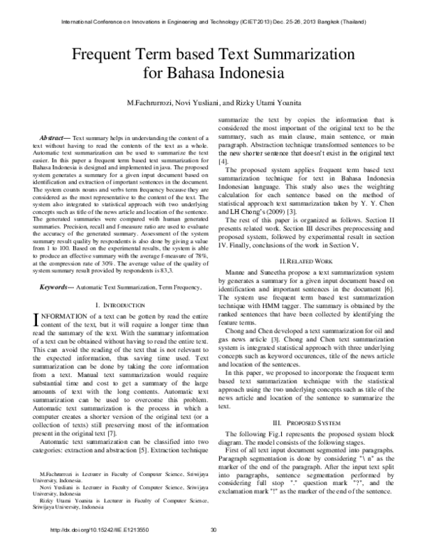 (PDF) Frequent Term Based Text Summarization for Bahasa Indonesia