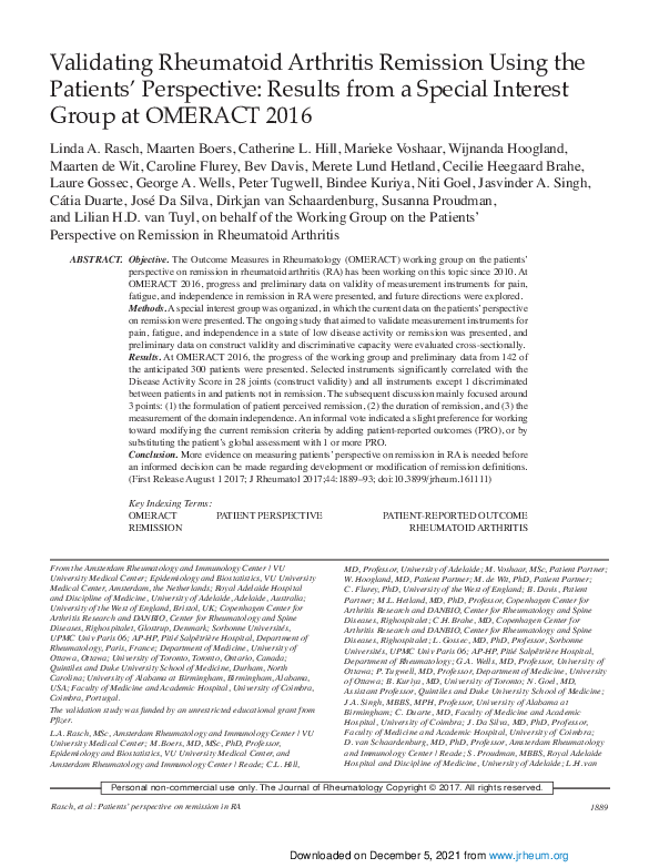 (PDF) Validating Rheumatoid Arthritis Remission Using the Patients ...