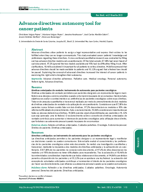(PDF) Advance directives: autonomy tool for cancer patients