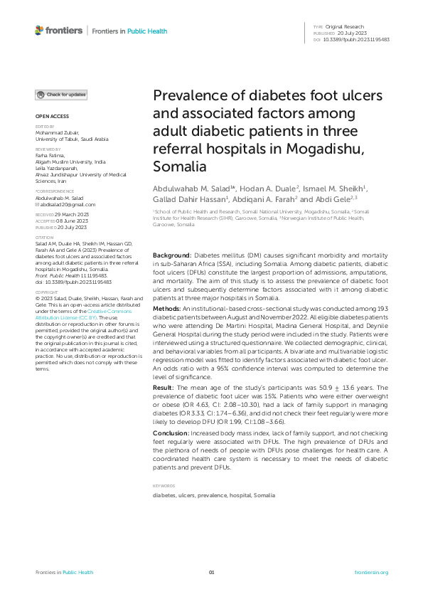 (PDF) Prevalence of diabetes foot ulcers and associated factors among ...