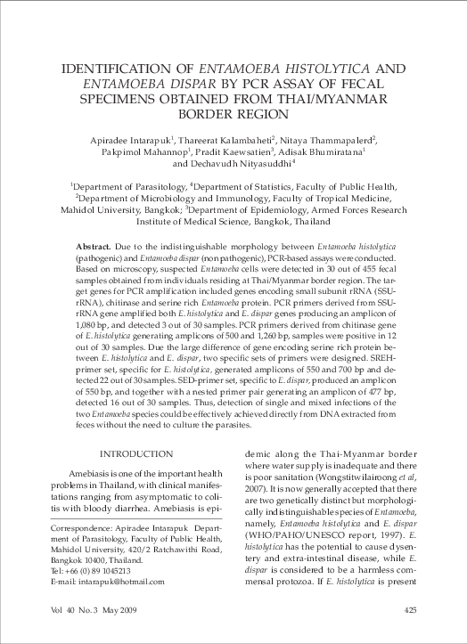 (PDF) Identification of Entamoeba histolytica and Entamoeba dispar by ...