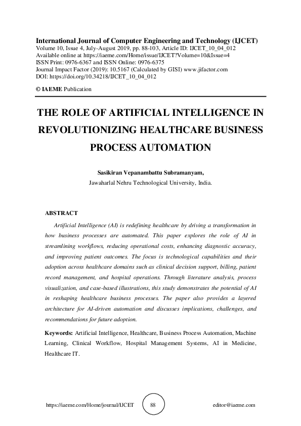 (PDF) THE ROLE OF ARTIFICIAL INTELLIGENCE IN REVOLUTIONIZING HEALTHCARE ...