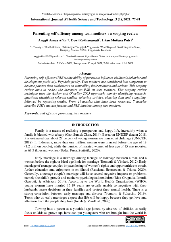 (PDF) Parenting Self Efficacy Among Teen Mothers : A Scoping Review