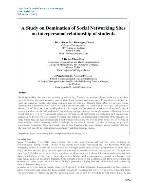 (PDF) A Study on Domination of Social Networking Sites on interpersonal ...