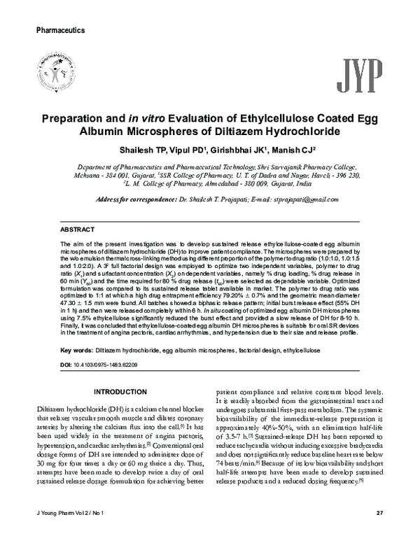 (PDF) Preparation and in vitro Evaluation of Ethylcellulose Coated Egg ...