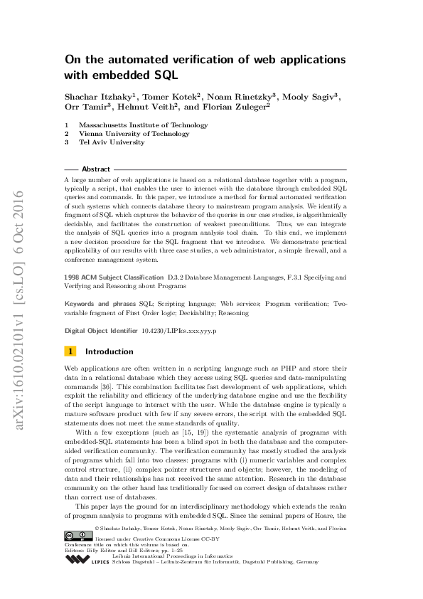 (PDF) On the automated verification of web applications with embedded SQL