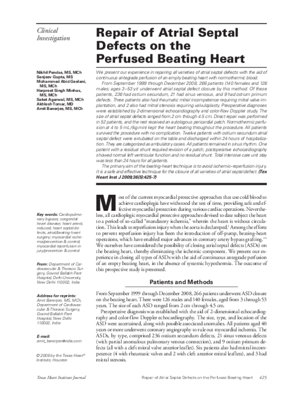 (PDF) Repair of atrial septal defects on the perfused beating heart