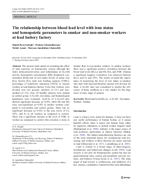 (PDF) The relationship between blood lead level with iron status and ...