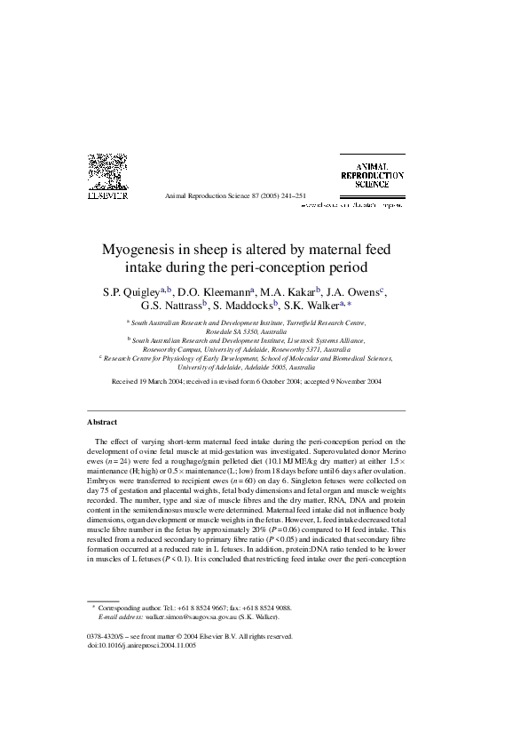 (PDF) Myogenesis in sheep is altered by maternal feed intake during the ...