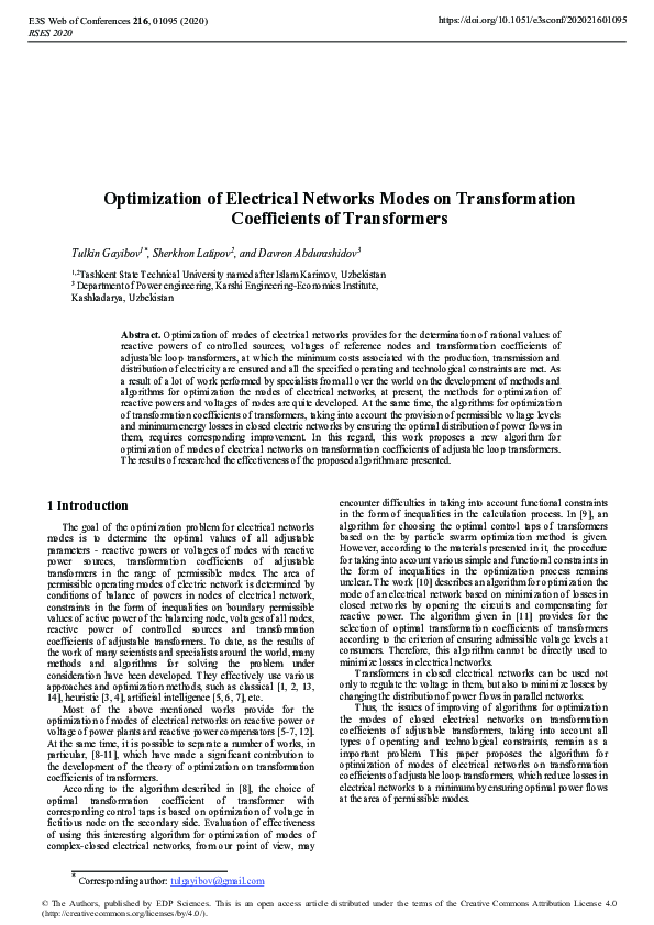 (PDF) Optimization of Electrical Networks Modes on Transformation ...