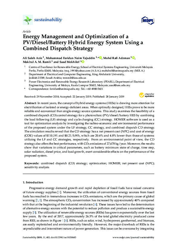 (PDF) Energy Management and Optimization of a PV/Diesel/Battery Hybrid ...