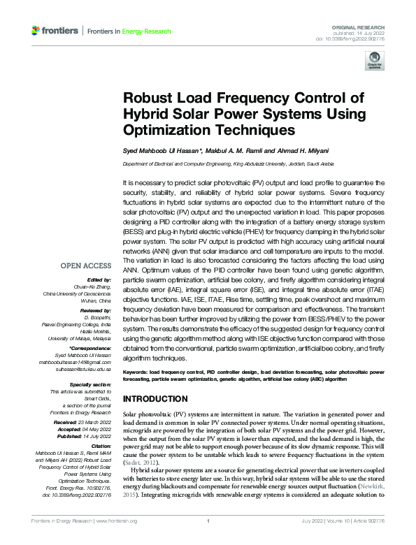 (PDF) Robust Load Frequency Control of Hybrid Solar Power Systems Using ...