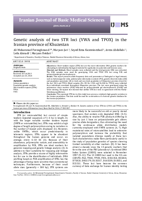 (PDF) Genetic analysis of two STR loci (VWA and TPOX) in the Iranian ...