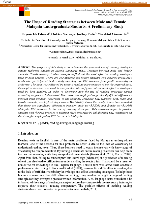 (PDF) The usage of reading strategies between male and female Malaysia ...
