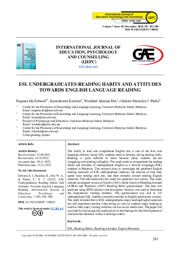 (PDF) Esl Undergraduates Reading Habits and Attitudes Towards English ...