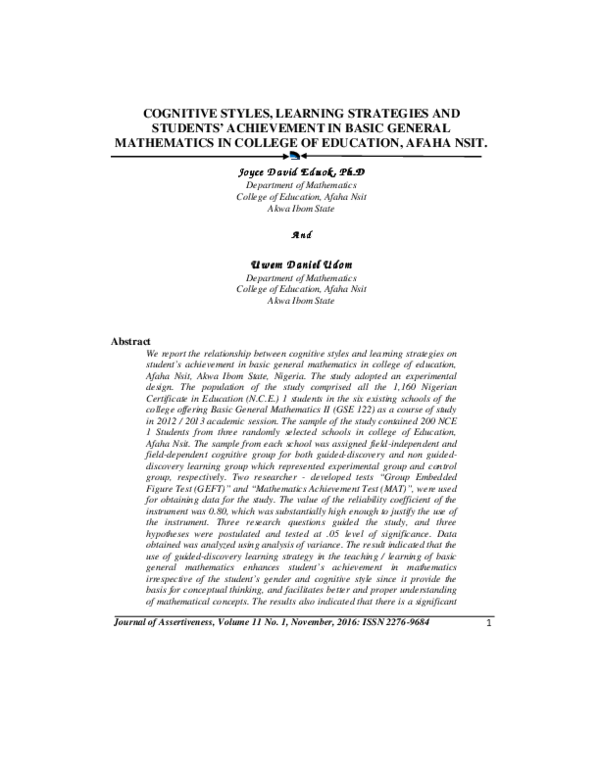 (PDF) COGNITIVE STYLES, LEARNING STRATEGIES AND STUDENTS' ACHIEVEMENT ...