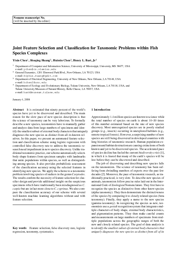 (PDF) Joint feature selection and classification for taxonomic problems ...