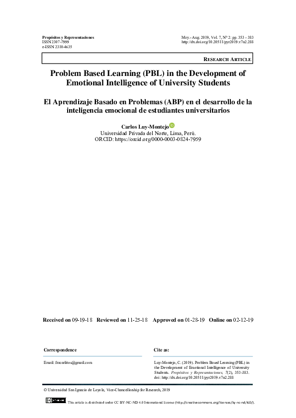 (PDF) Problem Based Learning (PBL) in the Development of Emotional ...