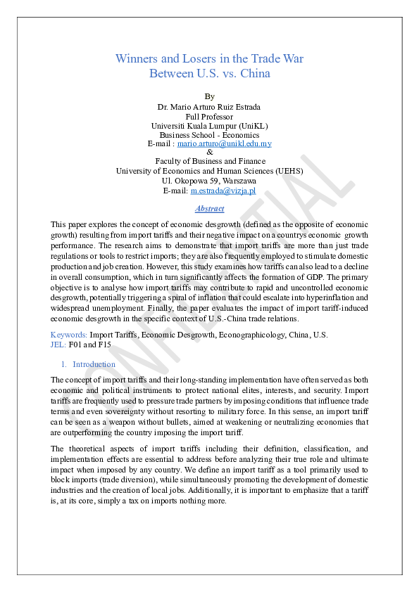 (PDF) Winners and Losers in the Trade War Between U.S. vs. China