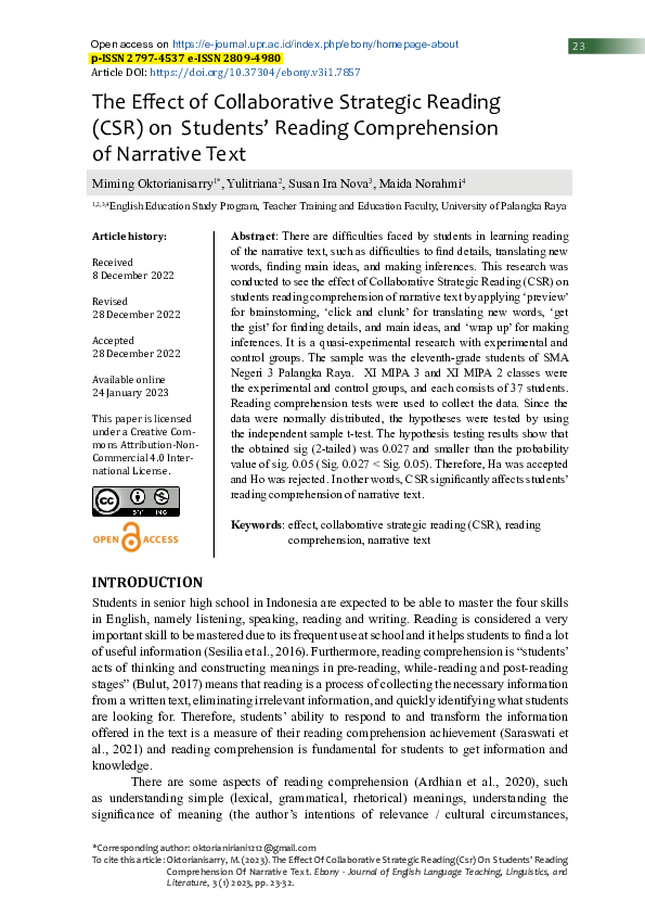 (PDF) Effect of Collaborative Strategic Reading (CSR) on Students ...