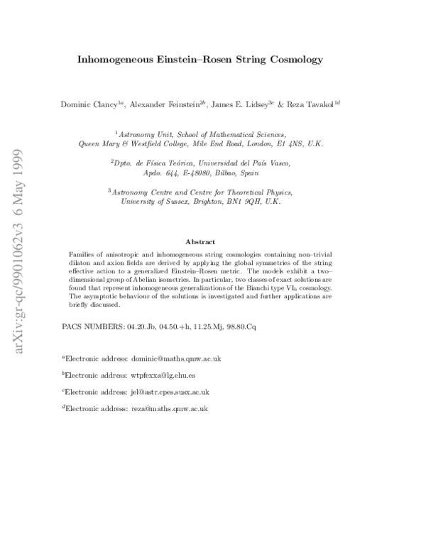 (PDF) Inhomogeneous Einstein-Rosen string cosmology