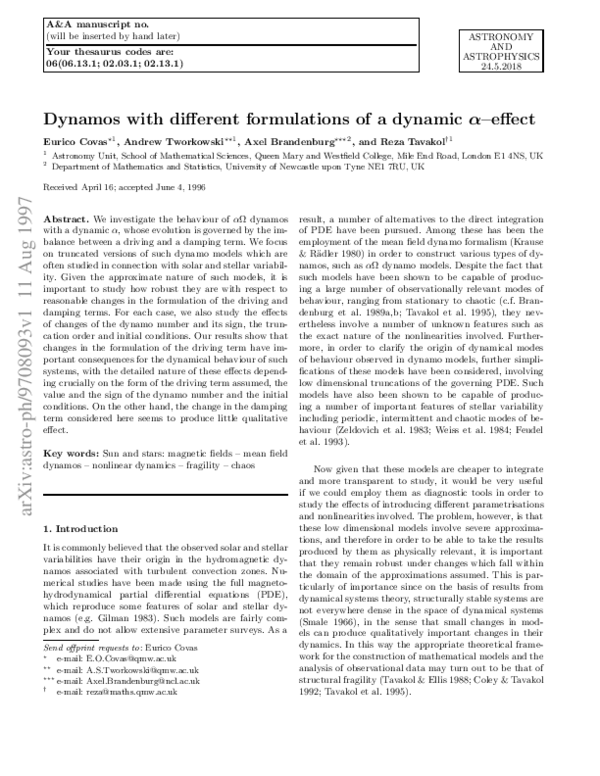 (PDF) Dynamos with different formulations of a dynamic alpha-effect