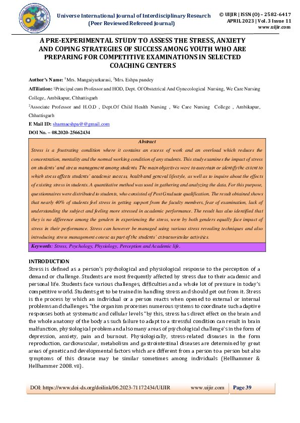 (PDF) A PRE-EXPERIMENTAL STUDY TO ASSESS THE STRESS, ANXIETY AND COPING ...
