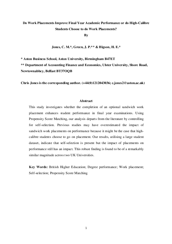 (PDF) Do work placements improve final year academic performance or do ...