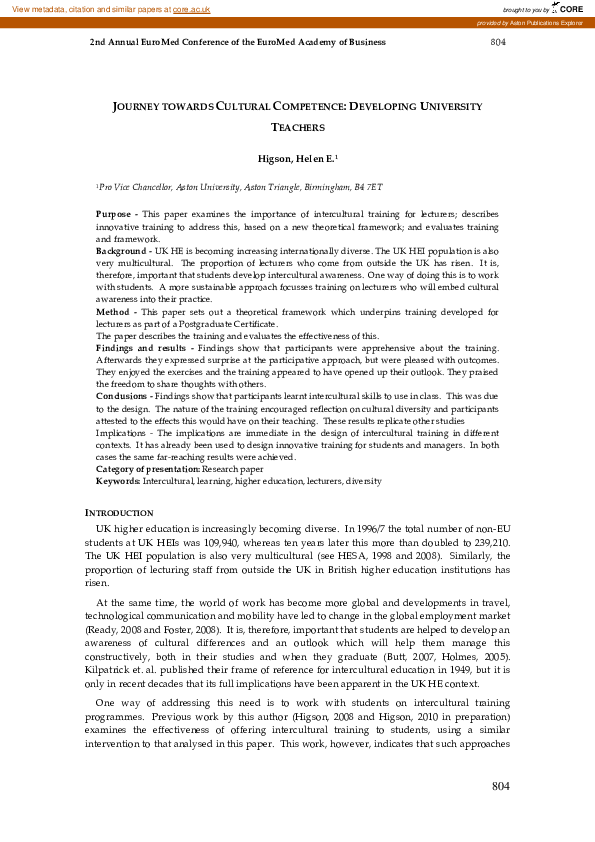 (PDF) Journey towards cultural competence : developing university teachers