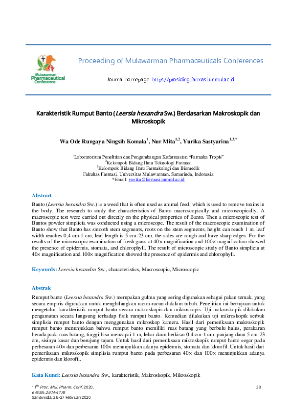 (PDF) Karakteristik Rumput Banto (Leersia hexandra Sw.) Berdasarkan ...