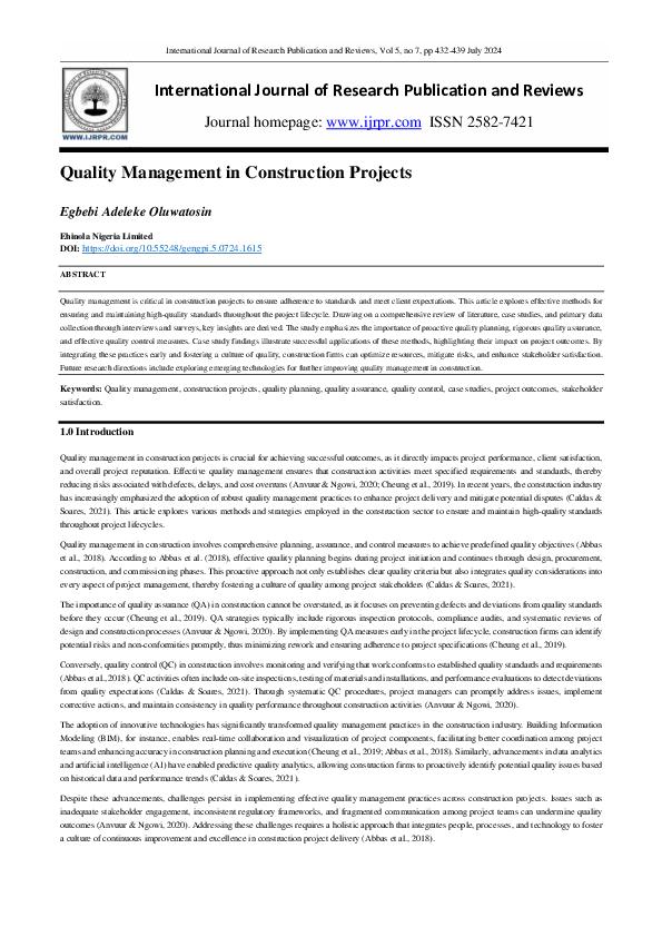 (PDF) Quality Management in Construction Projects