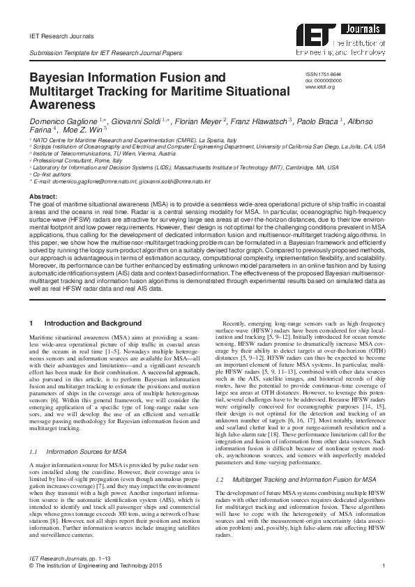 (PDF) Bayesian information fusion and multitarget tracking for maritime ...