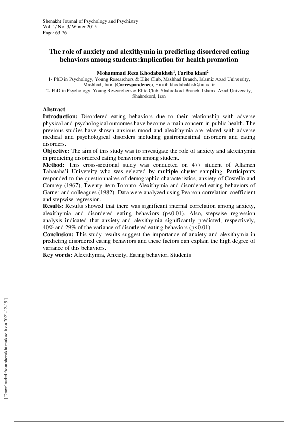 (PDF) The role of anxiety and alexithymia in predicting disordered ...