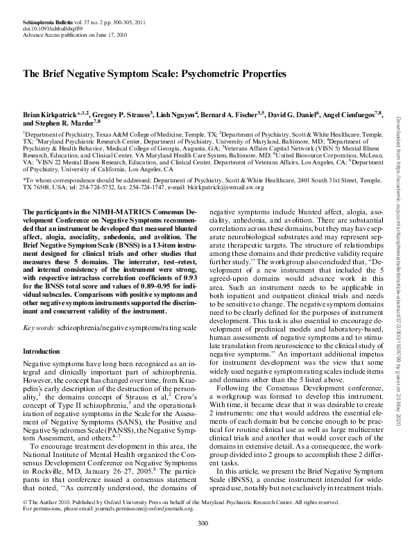 (PDF) The Brief Negative Symptom Scale: Psychometric Properties