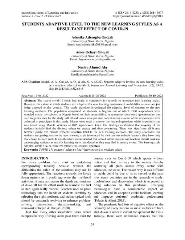 (PDF) Students Adaptive Level to the New Learning Styles as a Resultant ...