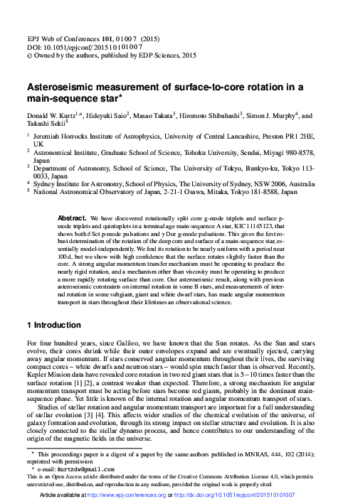 (PDF) Asteroseismic measurement of surface-to-core rotation in a main ...