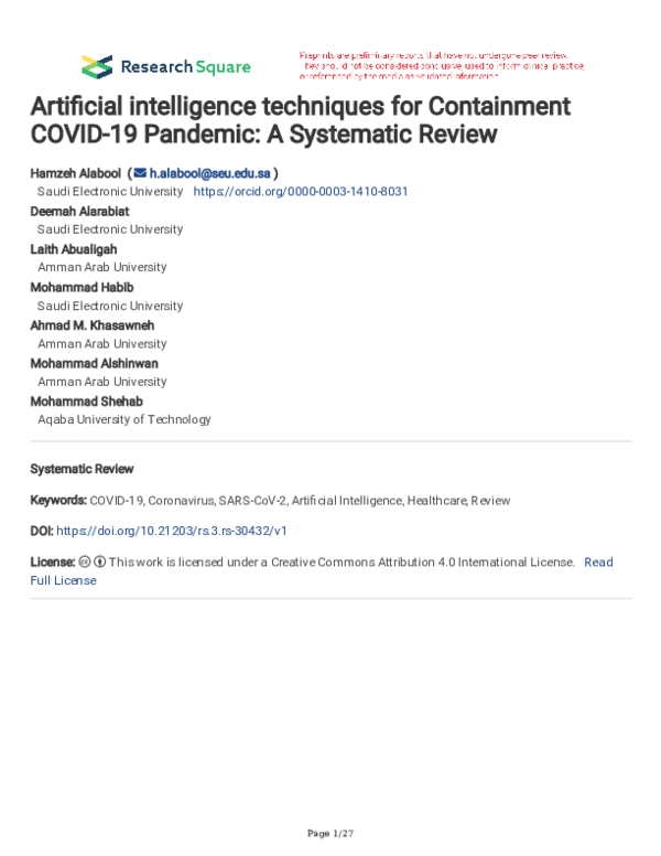 (PDF) Artificial intelligence techniques for Containment COVID-19 ...