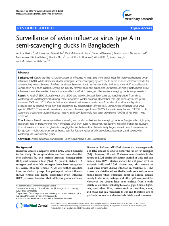 (PDF) Surveillance of avian influenza virus type A in semi-scavenging ...