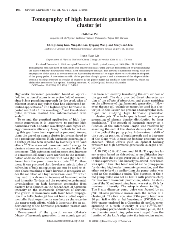 (PDF) Tomography of high harmonic generation in a cluster jet