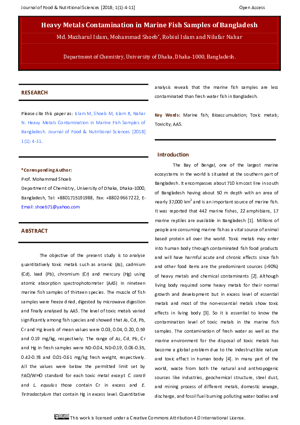 (PDF) Heavy Metals Contamination in Marine Fish Samples of Bangladesh