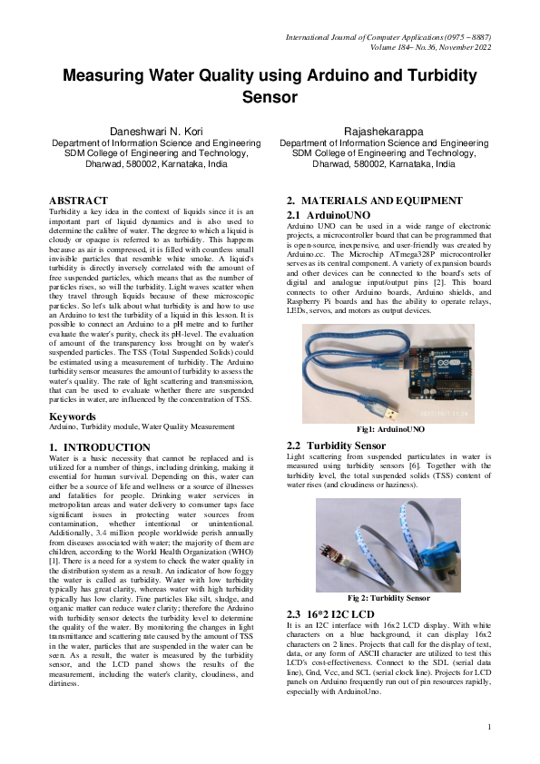 (PDF) Measuring Water Quality using Arduino and Turbidity Sensor