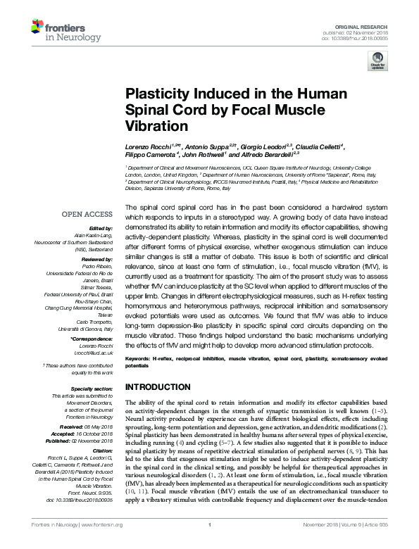 (PDF) Plasticity Induced in the Human Spinal Cord by Focal Muscle Vibration